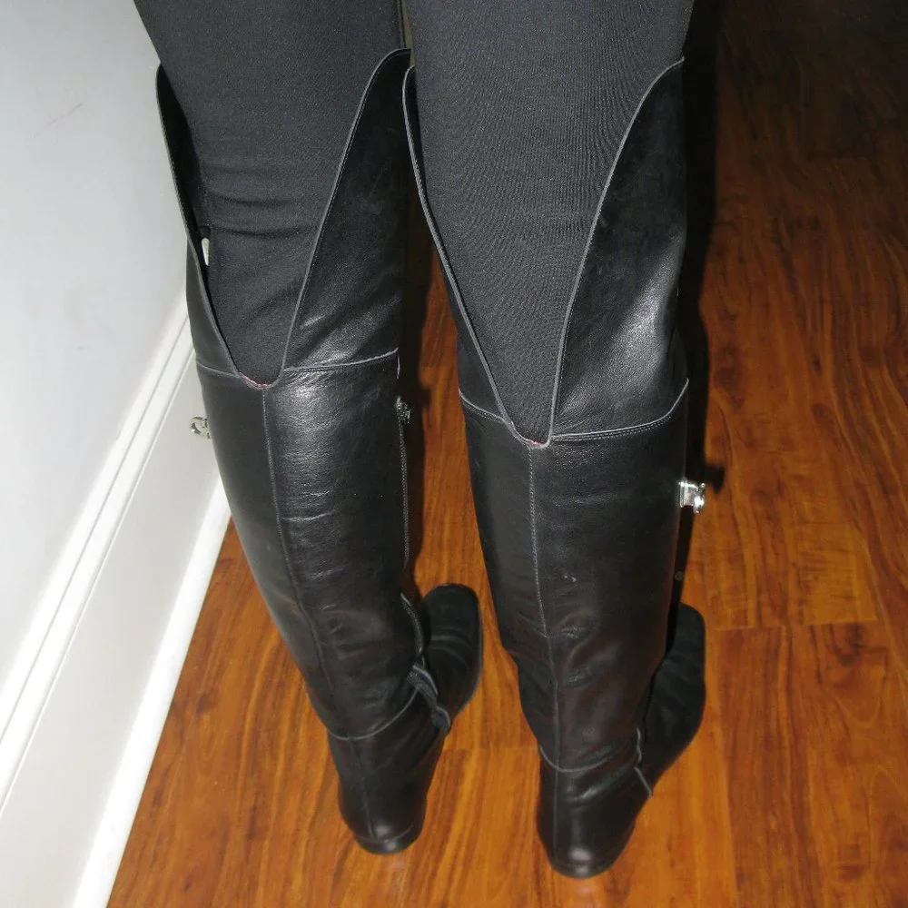 REDUCED Wmn Black Leather Side Zipper Block Heel Over The Knee Boots S 5.5 UK 3